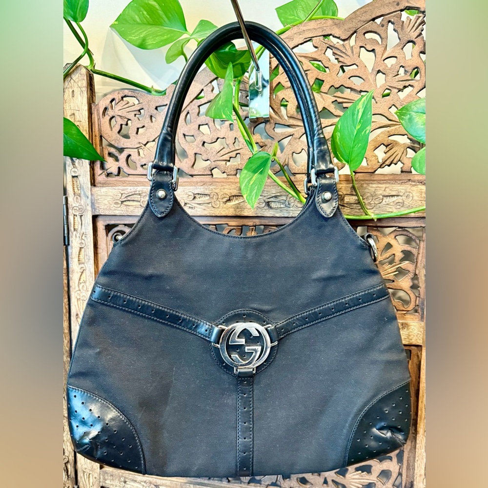 Authentic Gucci GG Black Canvas Leather Hobo Shoulder Bag